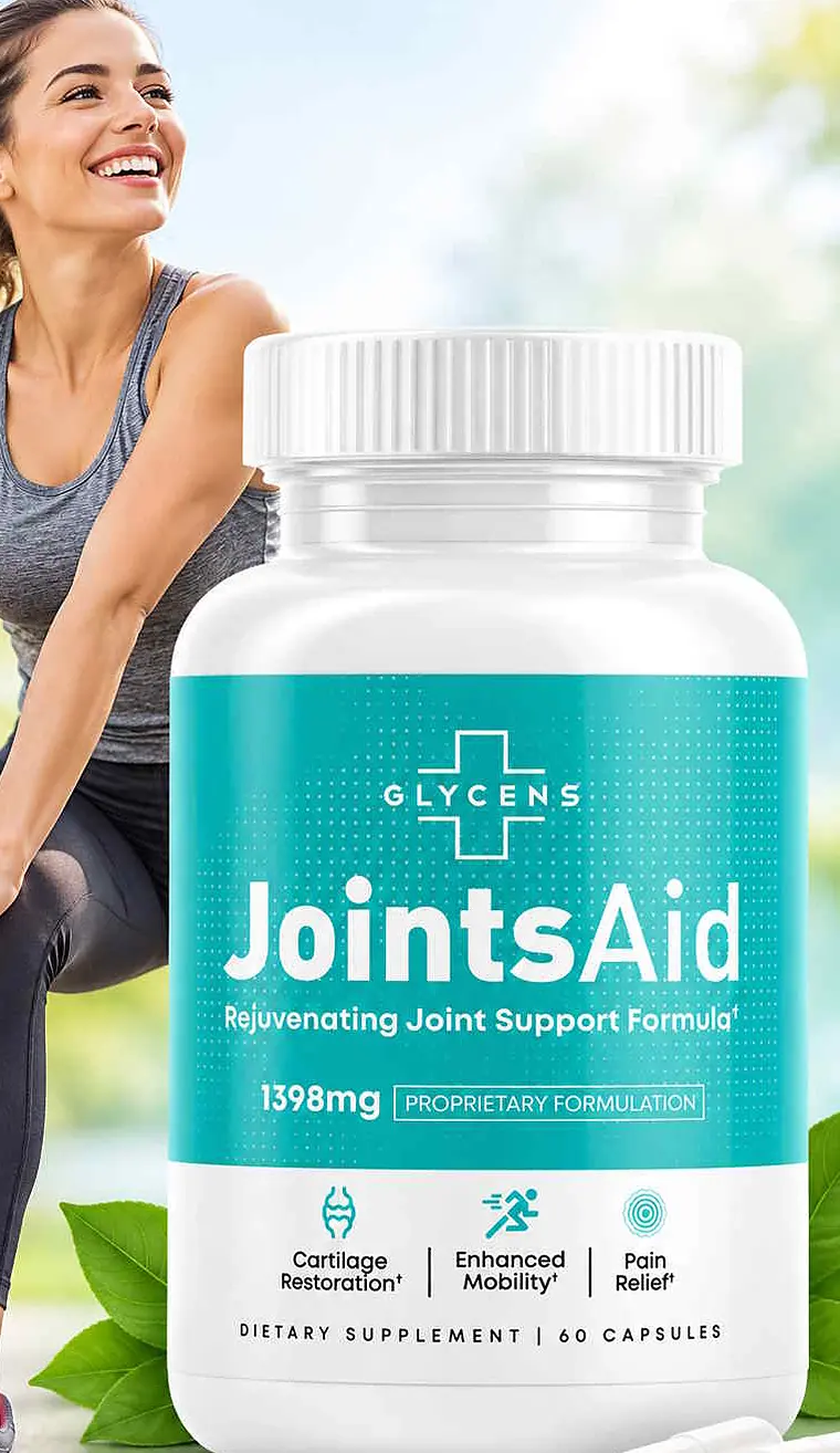 A person stretching outdoors beside the JointsAid bottle